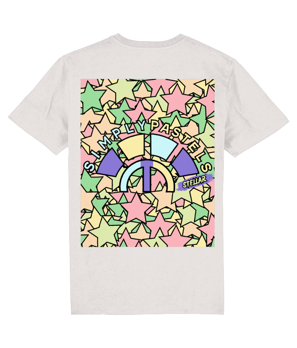Back view of the off-white Stellar cotton t-shirt with a pastel graphic design, laid flat, from Simply Pastels, a UK-based premium ethical clothing brand.