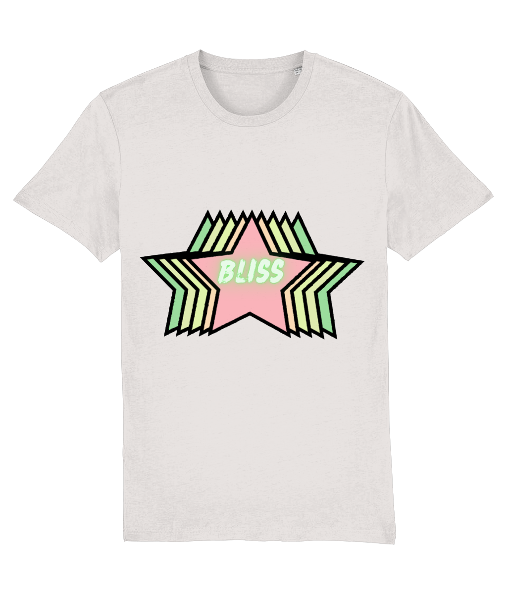 Front view of the off-white Stellar cotton t-shirt with a pastel graphic design, laid flat, from Simply Pastels, a UK-based premium ethical clothing brand.