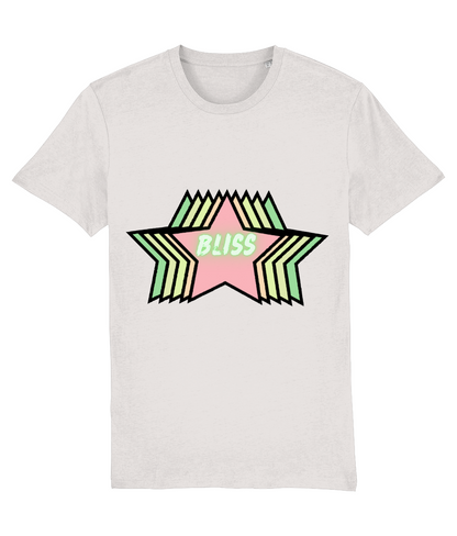 Front view of the off-white Stellar cotton t-shirt with a pastel graphic design, laid flat, from Simply Pastels, a UK-based premium ethical clothing brand.
