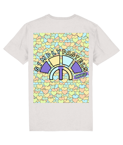 Back view of the off-white Amorelle organic cotton t-shirt with a pastel graphic design, laid flat, from Simply Pastels, a UK-based premium ethical clothing brand.