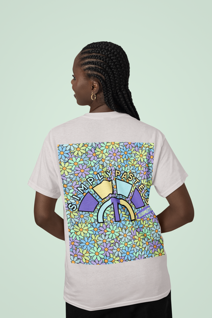 Back view of the off-white Bloomlets organic cotton t-shirt with a pastel graphic design, from Simply Pastels, a UK-based premium ethical clothing brand