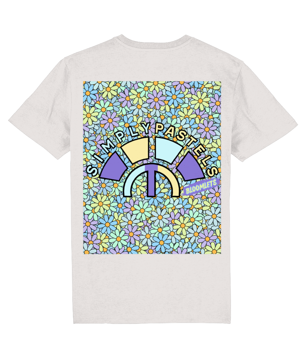 Back view of the off-white Bloomlets organic cotton t-shirt with a pastel graphic design, laid flat, from Simply Pastels, a UK-based premium ethical clothing brand.
