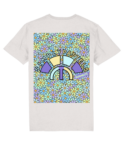 Back view of the off-white Bloomlets organic cotton t-shirt with a pastel graphic design, laid flat, from Simply Pastels, a UK-based premium ethical clothing brand.